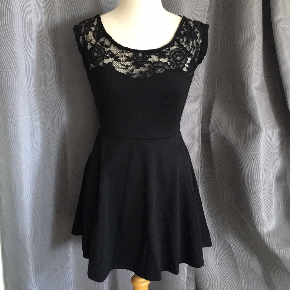 Black Lace Panel Skater Dress